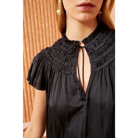 NWT Ulla Johnson Womens Mara Top Noir Black Size 0 Japanese Satin Plisse Pleat - Picture 2 of 11
